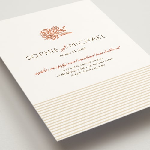 This is a tangelo wedding announcements with standard by Oscar and Emma - Karly Depew called coral printing on signature in standard