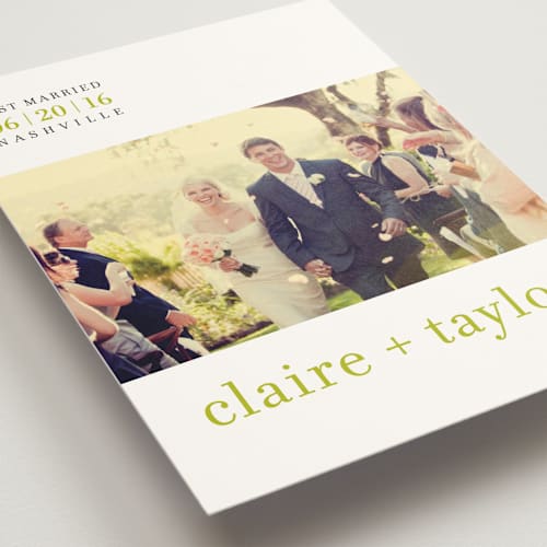 This is a celery wedding announcements with standard by Float Paperie called float + celebrate printing on signature in standard