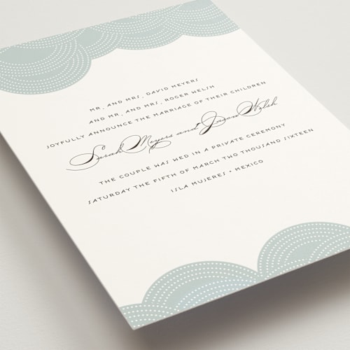 This is a blue cloud wedding announcements with standard by Annie Clark called pearls on a string printing on signature in standard