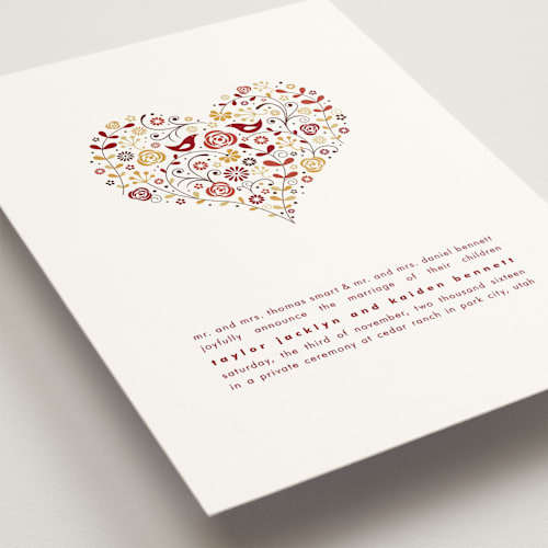 This is a burgundy wedding announcements with standard by Jana Volfova called love birds printing on signature in standard