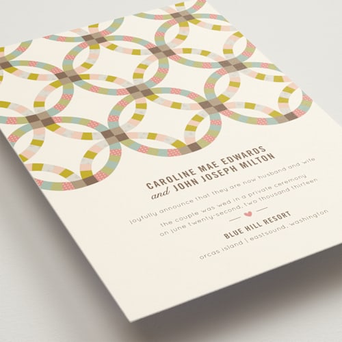 This is a sherbert wedding announcements with standard by Laura Hankins called quilted printing on signature in standard