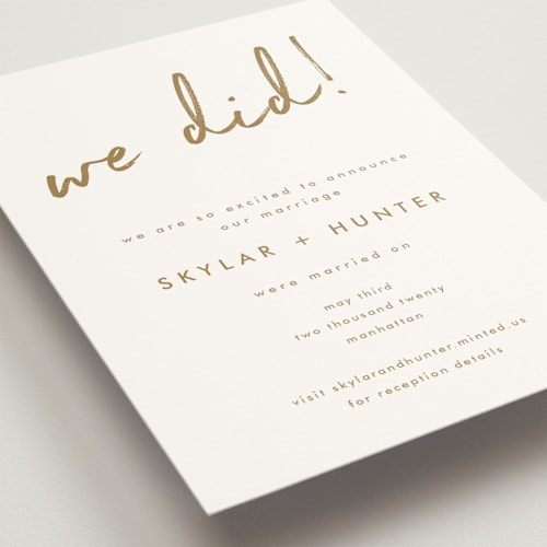 This is a toffee wedding announcements with standard by Phrosné Barwood called funky names printing on signature in standard