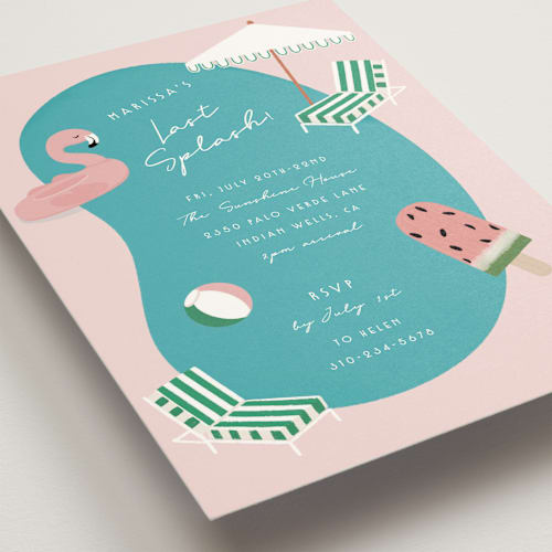 This is a petal bachelorette party invitations with standard by Becky Nimoy called last splash pool party printing on signature in standard