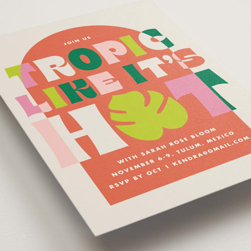 This is a tropical bachelorette party invitations with standard by Baumbirdy called tropic hot printing on signature in standard