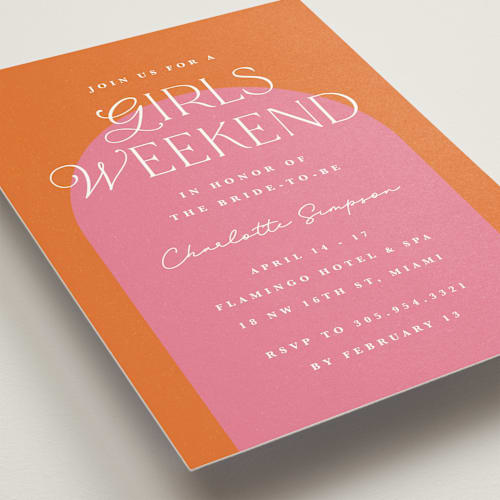 This is a tangerine bachelorette party invitations with standard by Maria Alou called color block arch printing on signature in standard