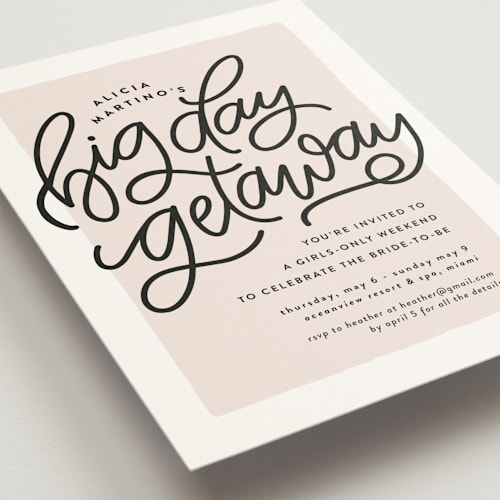 This is a blush bachelorette party invitations with standard by Lea Delaveris called a big day getaway printing on signature in standard