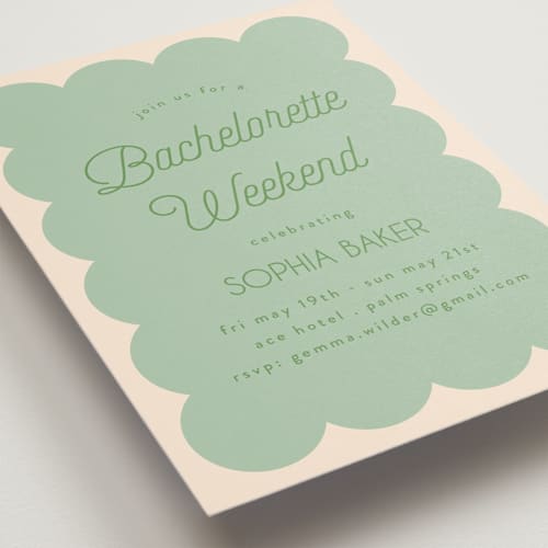 This is a seafoam bachelorette party invitations with standard by Morgan Kendall called scallop printing on signature in standard