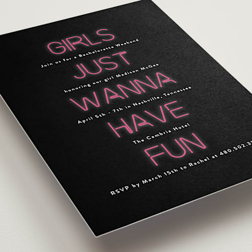 This is a tuxedo bachelorette party invitations with standard by Jennifer Postorino called neon lights printing on signature in standard