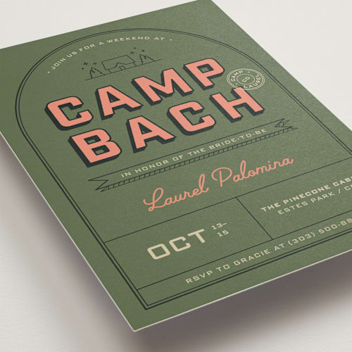 This is a fern bachelorette party invitations with standard by taylorVdesign called camp bach printing on signature in standard