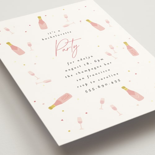 This is a chalk bachelorette party invitations with standard by Angela Thompson called champagne confetti printing on signature in standard