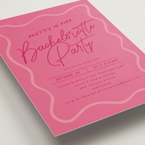 This is a rouge bachelorette party invitations with standard by chocomocacino called pink printing on signature in standard