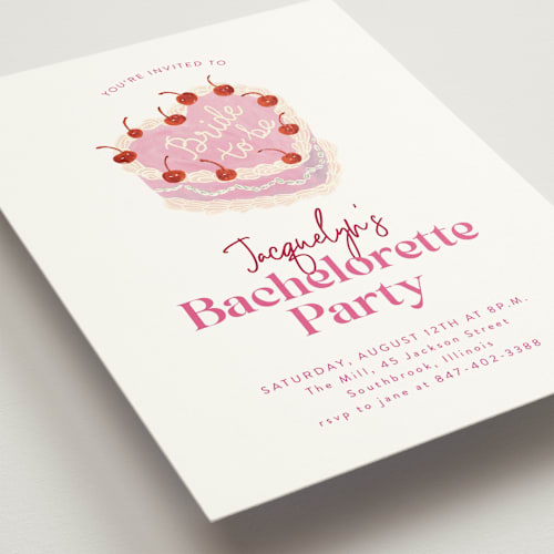 This is a rosebud bachelorette party invitations with standard by Cass Loh called vintage cake printing on signature in standard