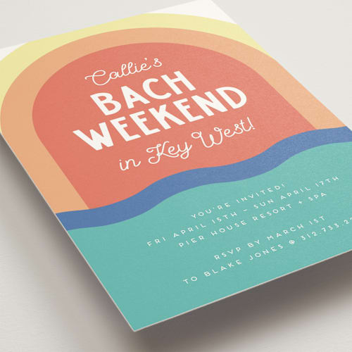 This is a sunset bachelorette party invitations with standard by Emily Sabol Goss called laid back printing on signature in standard