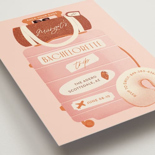 This is a blush bachelorette party invitations with standard by Gwen Bedat called boarding printing on signature in standard