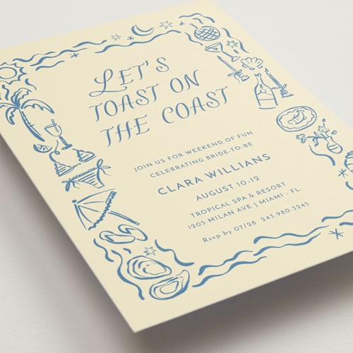 This is a sea bachelorette party invitations with standard by Pati Cascino called on the coast printing on signature in standard