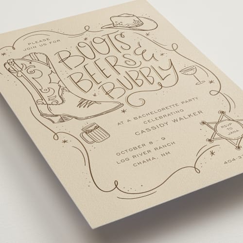 This is a sand bachelorette party invitations with standard by Cindy Reynolds called boots, beers, and bubbly printing on signature in standard