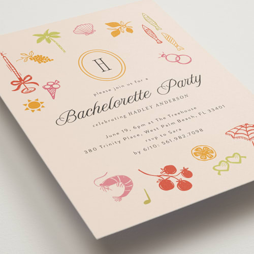 This is a almond bachelorette party invitations with standard by Melanie Kosuge called coast printing on signature in standard
