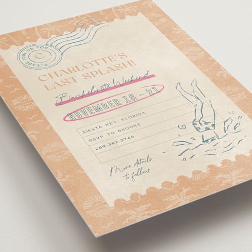 This is a guava bachelorette party invitations with standard by Pixel and Hank called coastal drift printing on signature in standard
