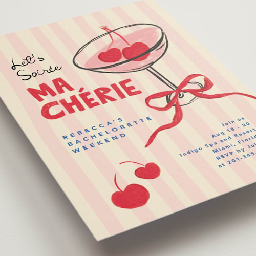 This is a cherry bachelorette party invitations with standard by Creo Study called mon cherie printing on signature in standard