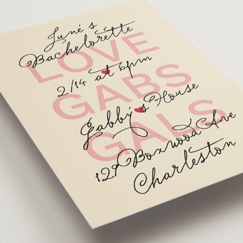 This is a strawberry bachelorette party invitations with standard by Inkblot Design called gals and gabs printing on signature in standard