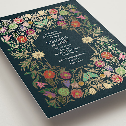 This is a midnight garden bridal shower invitations with foil pressed by Simona Camp called gilded tapestry printing on signature in standard