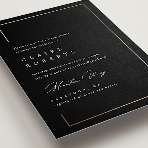 This is a midnight bridal shower invitations with foil pressed by Kelly Schmidt called gilded border printing on signature in standard