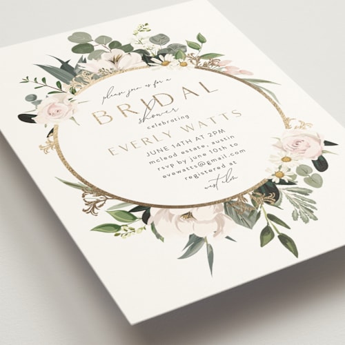 This is a petal bridal shower invitations with foil pressed by Susan Moyal called country garden printing on signature in standard