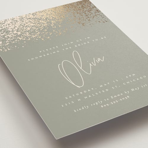 This is a sage bridal shower invitations with foil pressed by JoAnn Jinks called showers printing on signature in standard