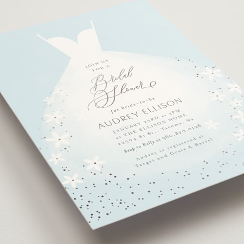 This is a cinderella blue bridal shower invitations with foil pressed by Itsy Belle Studio called wedding dress printing on signature in standard