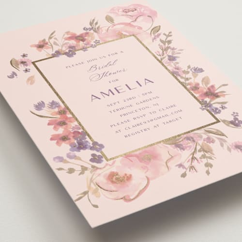 This is a blush bridal shower invitations with foil pressed by Teju Reval called sweet dreams printing on signature in standard