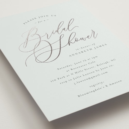 This is a powder bridal shower invitations with foil pressed by Melanie Kosuge called posh printing on signature in standard