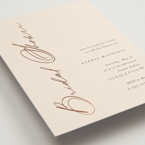 This is a buttercream bridal shower invitations with foil pressed by Carolyn MacLaren called elegant side printing on signature in standard