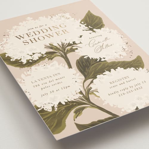 This is a blush bridal shower invitations with foil pressed by Leah Bisch called hydrangea printing on signature in standard