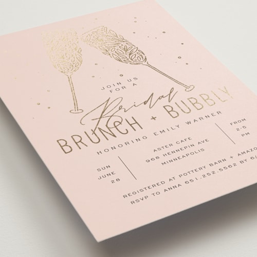 This is a blush bridal shower invitations with foil pressed by Michelle Taylor called bubbly brunch printing on signature in standard