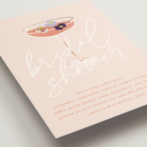 This is a blush bridal shower invitations with foil pressed by Baumbirdy called flower cheers printing on signature in standard