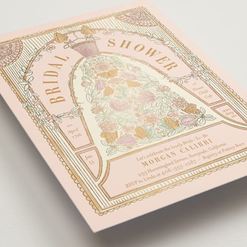 This is a romantic rose bridal shower invitations with foil pressed by Simona Camp called gilded bridal gown printing on signature in standard