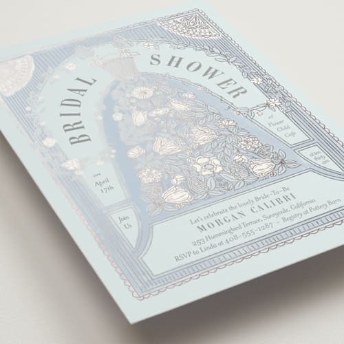 This is a delicate blue bridal shower invitations with foil pressed by Simona Camp called gilded bridal gown printing on signature in standard
