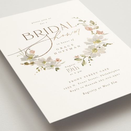 This is a champagne bridal shower invitations with foil pressed by Everett Paper Goods called serene printing on signature in standard