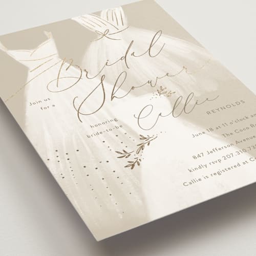 This is a champagne bridal shower invitations with foil pressed by Rebecca Durflinger called dressed up printing on signature in standard