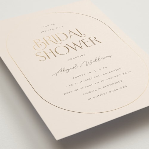 This is a toffee bridal shower invitations with foil pressed by Pixel and Hank called billow printing on signature in standard