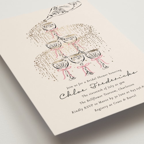 This is a petal bridal shower invitations with foil pressed by Jackie Crawford called sparkling champagne tower printing on signature in standard
