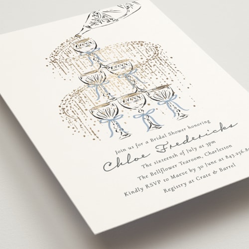 This is a dusty blue bridal shower invitations with foil pressed by Jackie Crawford called sparkling champagne tower printing on signature in standard
