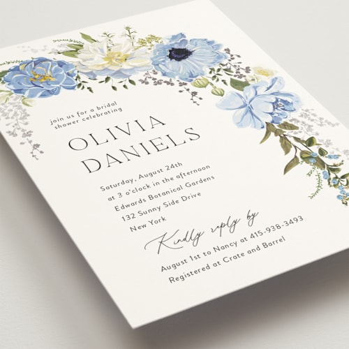 This is a azure bridal shower invitations with foil pressed by Susan Moyal called timeless blooms printing on signature in standard