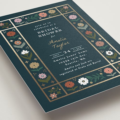 This is a cobalt bridal shower invitations with foil pressed by Alethea and Ruth called floral grid border printing on signature in standard