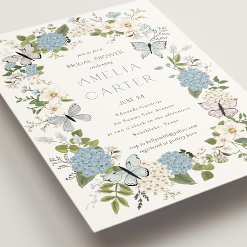This is a periwinkle bridal shower invitations with foil pressed by Susan Moyal called garden love printing on signature in standard
