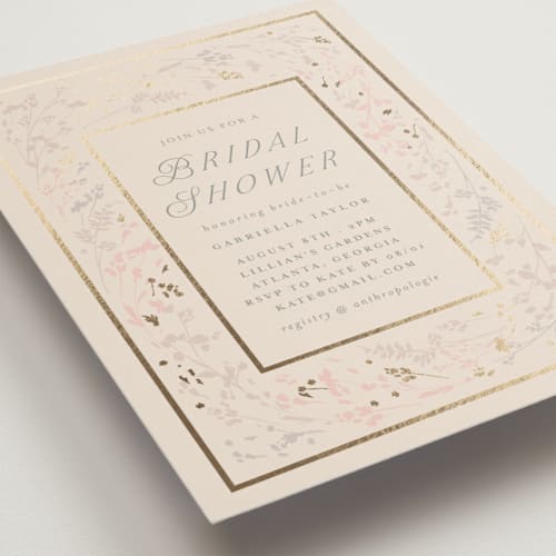 This is a ivory bridal shower invitations with foil pressed by Angela Thompson called floral wisp printing on signature in standard