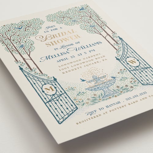 This is a garden bridal shower invitations with foil pressed by Paper Sun Studio called garden gate printing on signature in standard