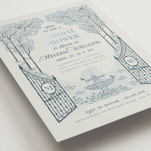 This is a frosty bridal shower invitations with foil pressed by Paper Sun Studio called garden gate printing on signature in standard