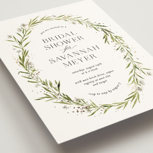 This is a diamond bridal shower invitations with foil pressed by Kate Ahn called aveline printing on signature in standard