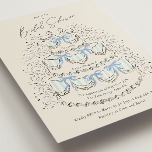 This is a powder blue bridal shower invitations with foil pressed by Jackie Crawford called sparkling wedding cake printing on signature in standard